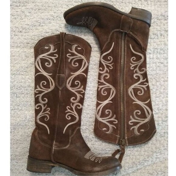 Vera Gomma Brown Embroidered Suede Leather Size 36 Below The Knee Boots - Picture 1 of 16